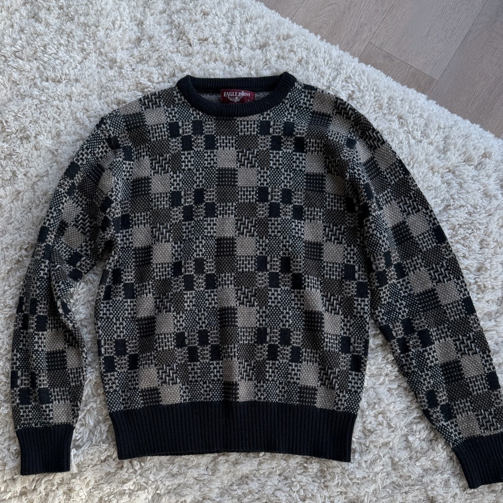 90s Black and Gray Checkered Crewneck Sweater